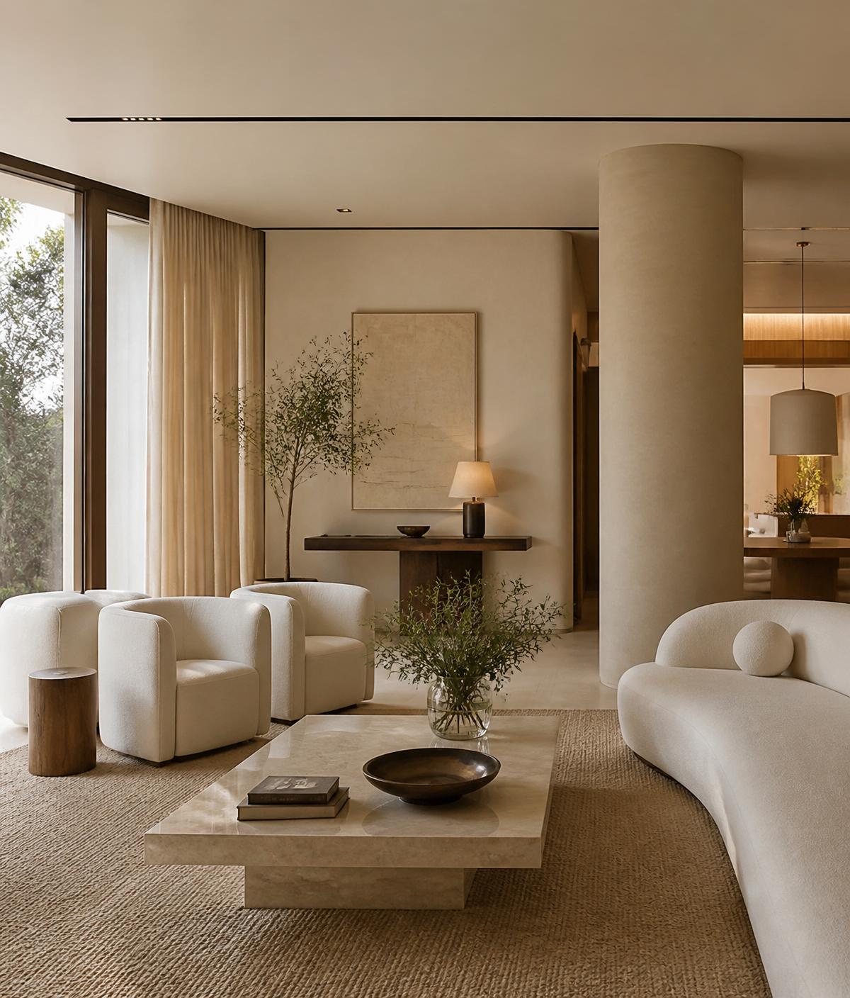 Warm, light-filled minimalist living room with designer furniture