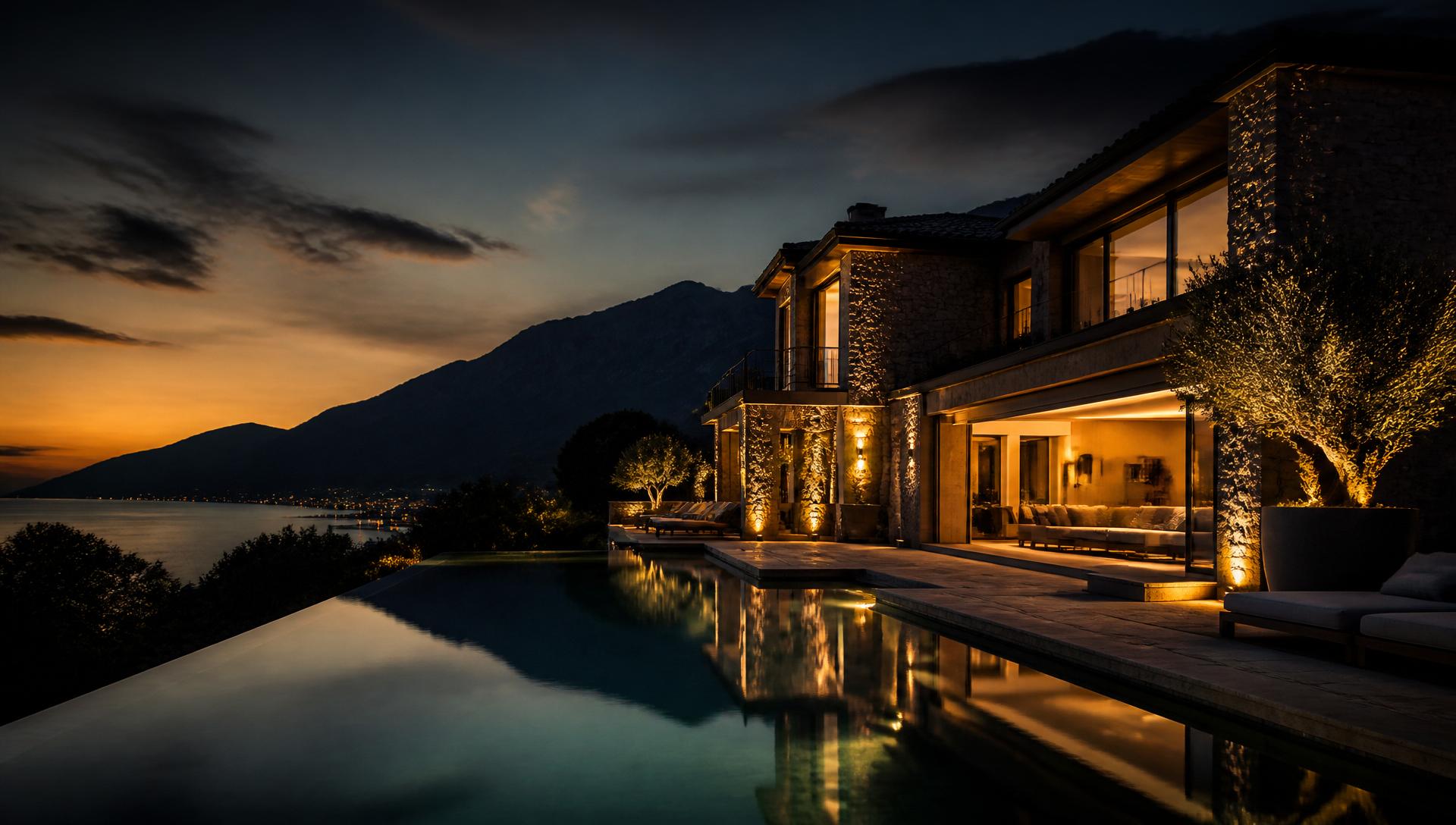The Haven villa glowing warmly at twilight beside the infinity pool