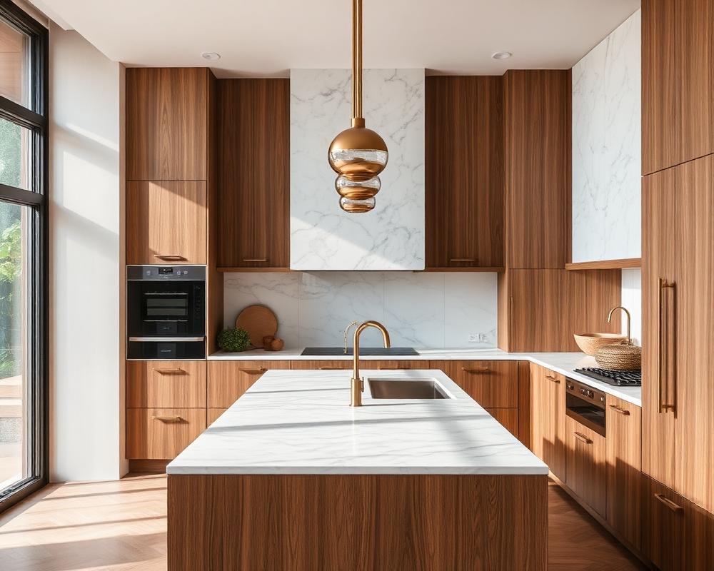 Chef's kitchen with marble island and brass fixtures