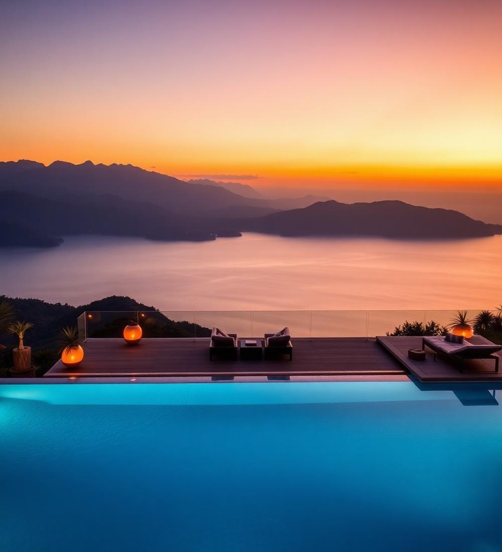 Infinity pool overlooking the water at dusk
