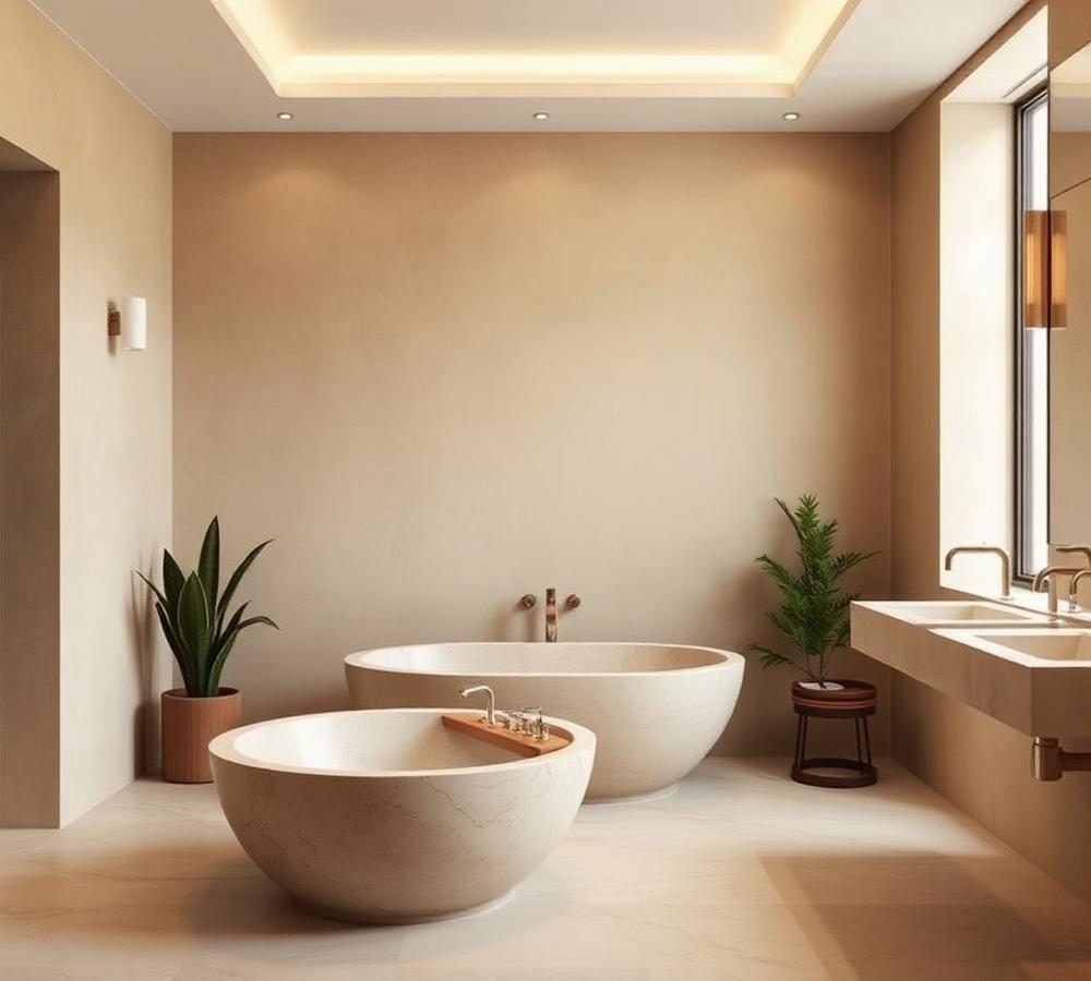 Spa-like stone bathroom with freestanding tub