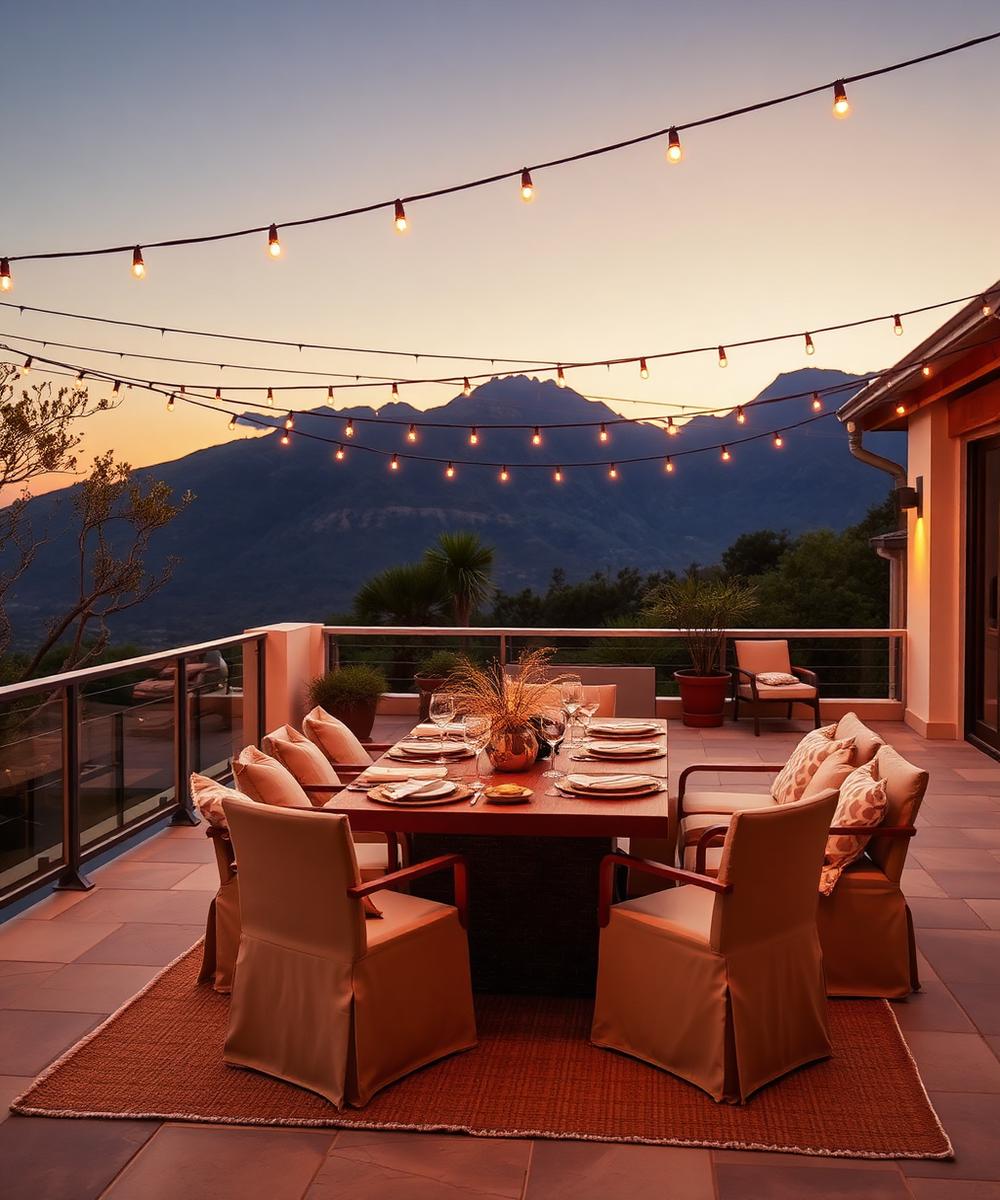 Outdoor terrace dining under string lights at sunset