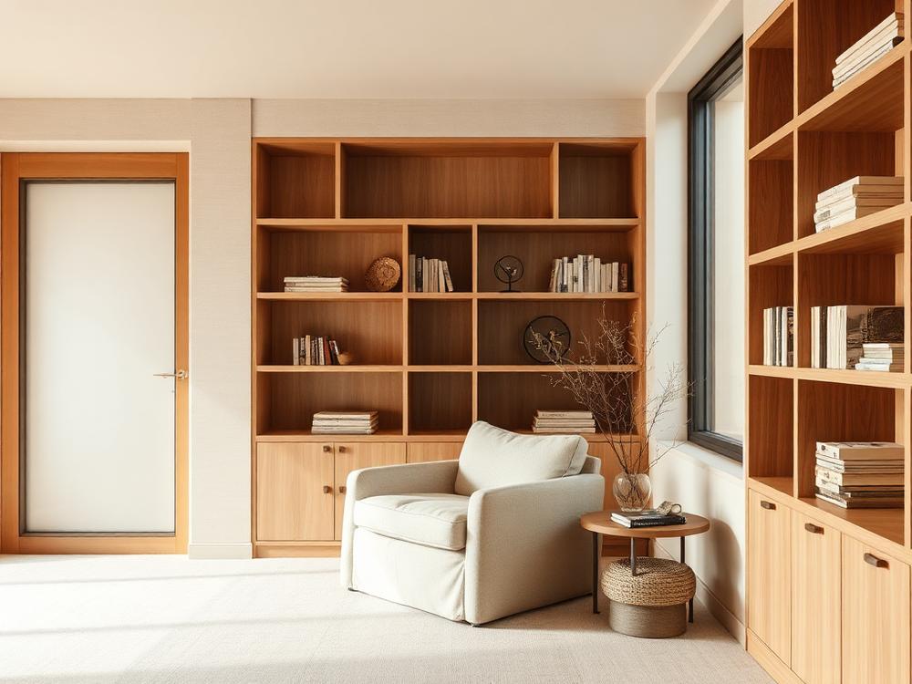 Cozy reading nook with warm wood shelving